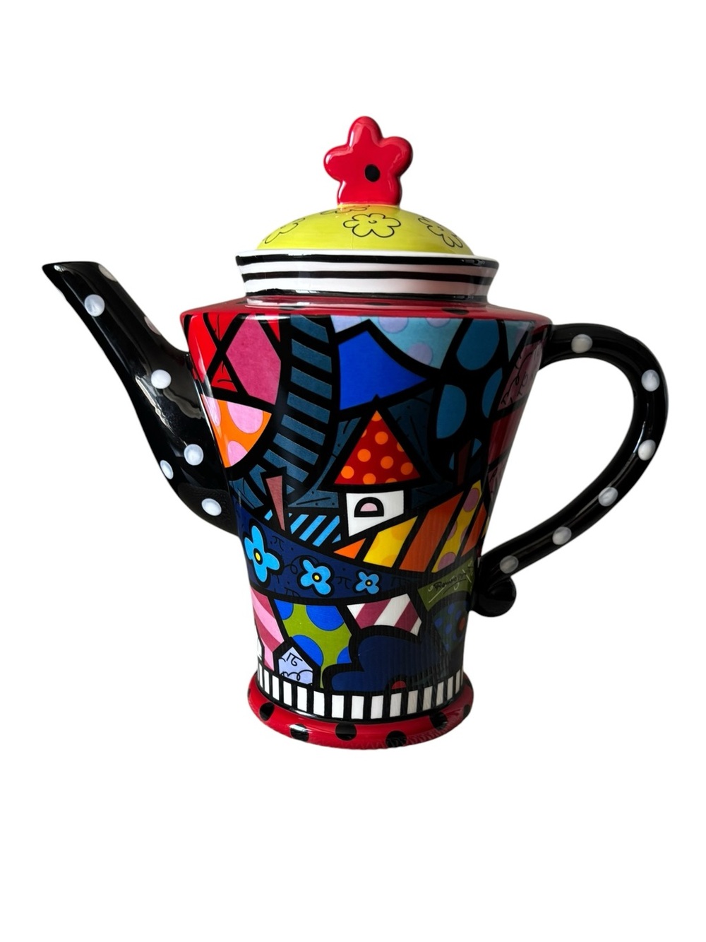 2009 Romero Britto Ceramic Tea Pot Deco, Pop Art Home And Landscape Vibrant 36Oz
